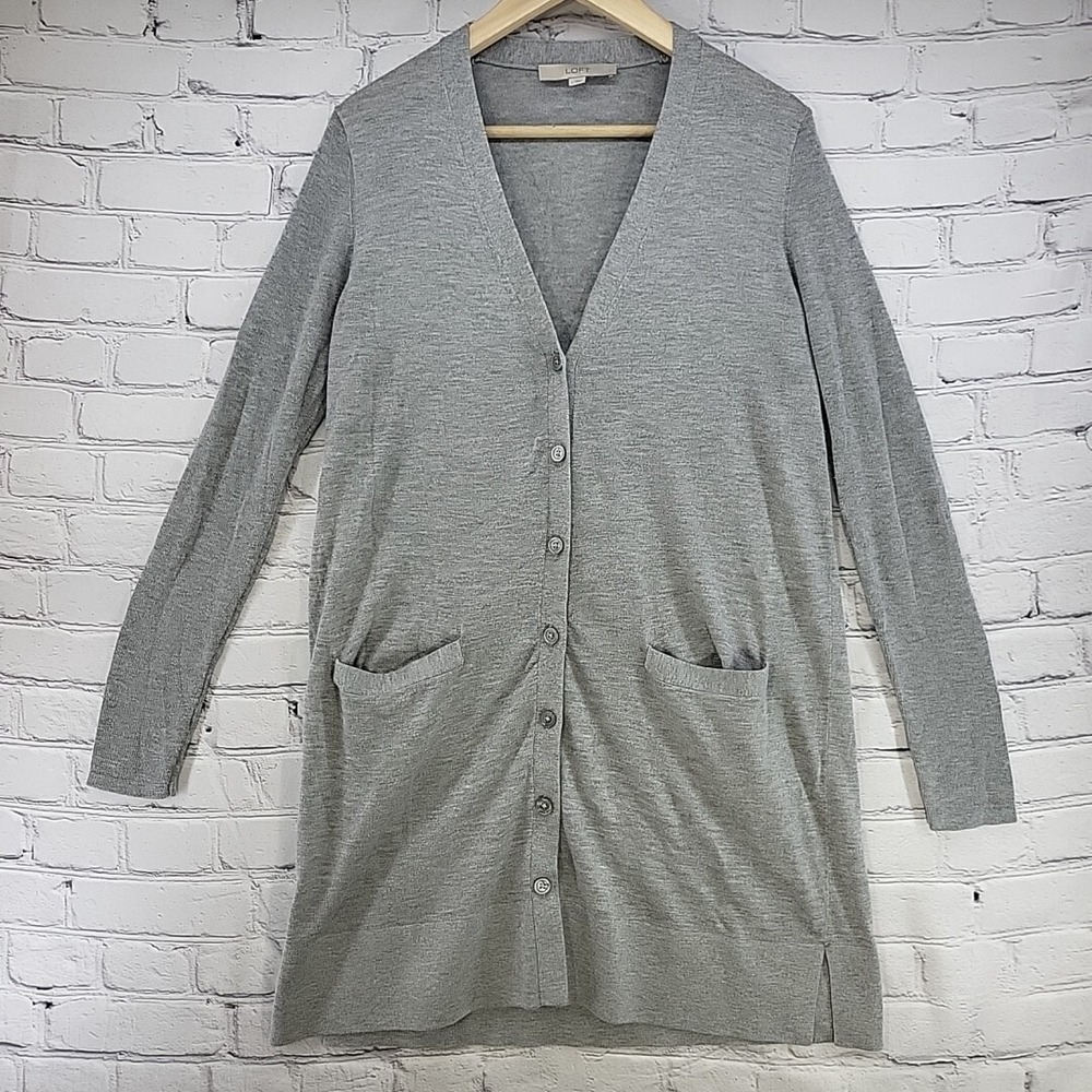 Loft Sweater Womens Sz L Wool Blend Gray Button Up Cardigan Long Length‎